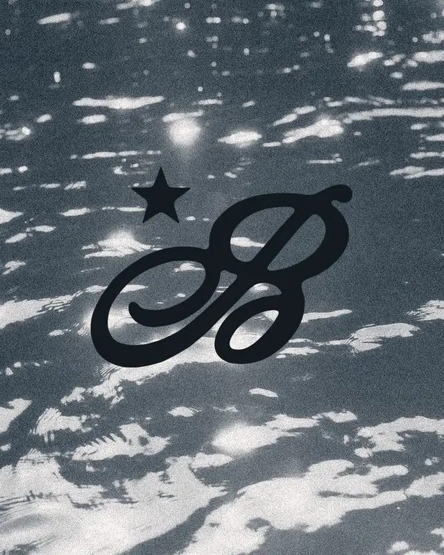 Black script 'B' monogram over grainy teal-gray water reflections