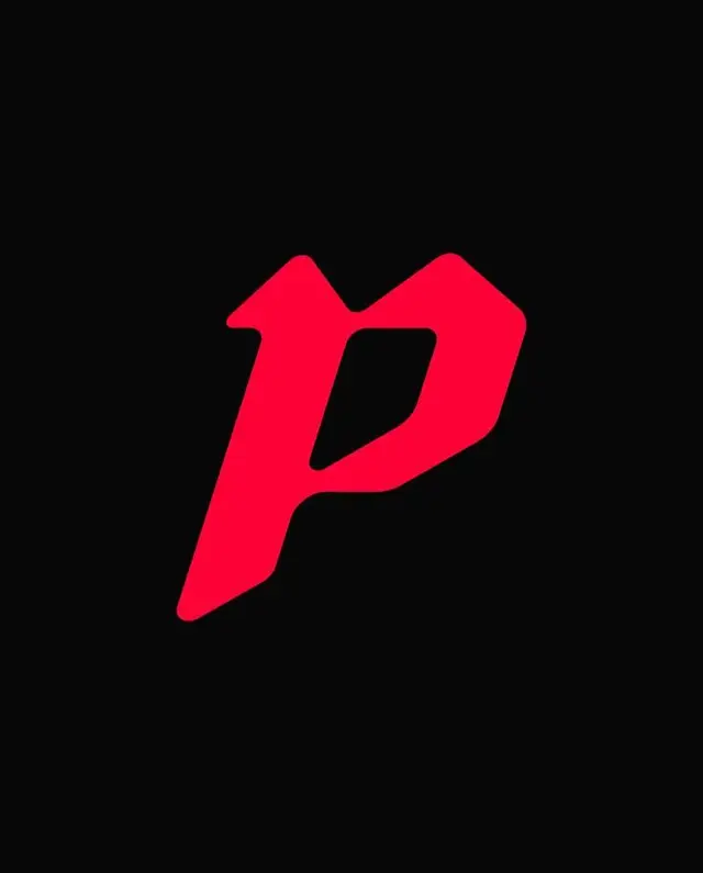 Bold red stylized "P" logo on black background