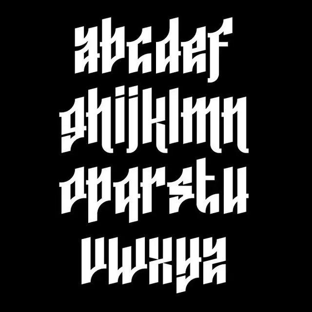 Modern blackletter lowercase alphabet specimen (white on black)