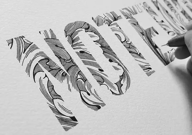 Ornamental pen-and-ink negative-space lettering ("MUM")