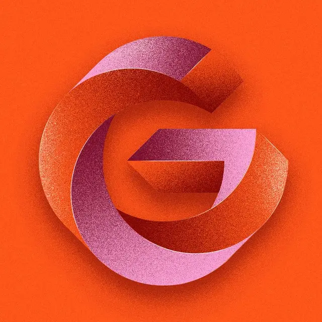Textured 3D ribbon letter "G" on saturated orange background