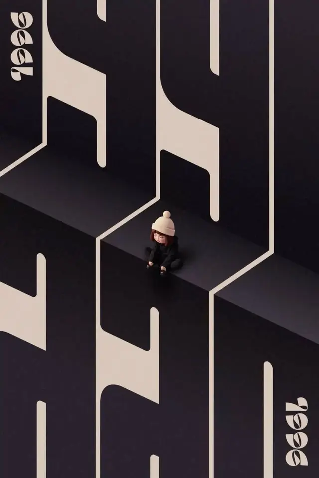 Mini figure on isometric typographic structure with '1996'