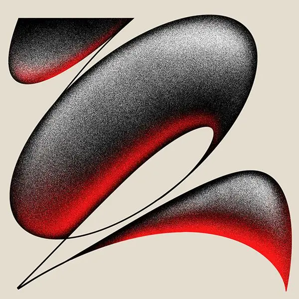 Grainy red-and-black organic shapes on beige background