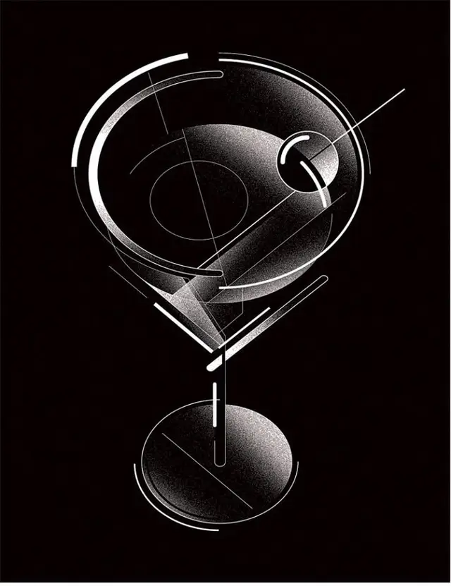 Geometric Martini — White-on-Black Halftone Illustration