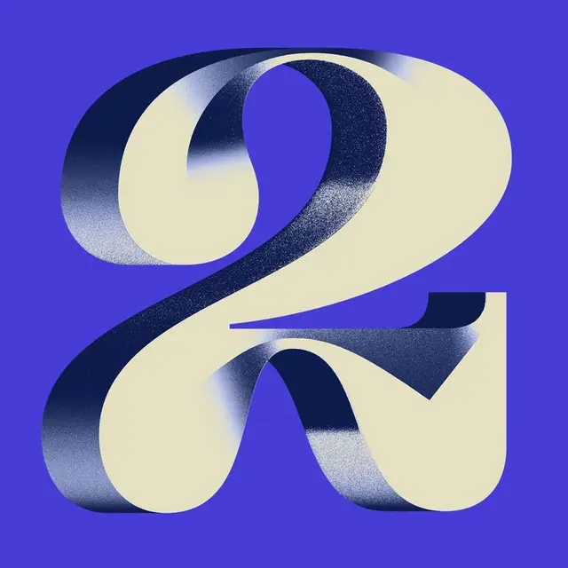 Cream ribbon-style numeral 2 with navy halftone shading