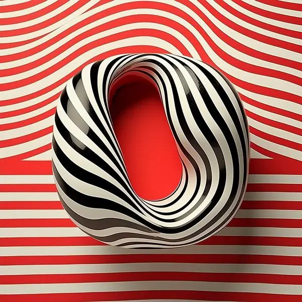 Op‑art Striped Torus Sculpture on Red-and-White Stripes
