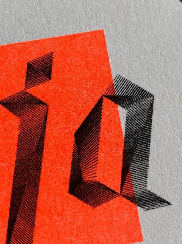Hatched 3D typographic print on orange rectangle