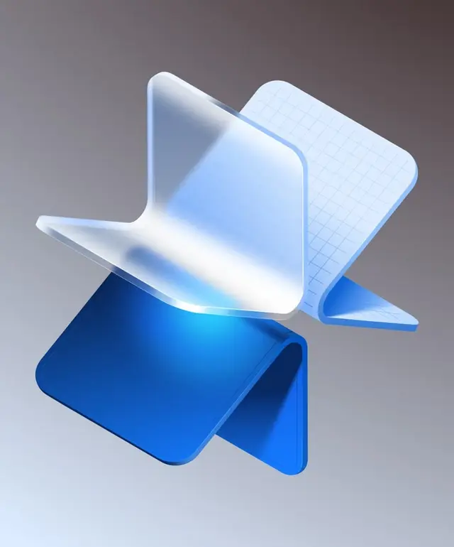 Floating folded panels — translucent acrylic and blue plastic 3D render