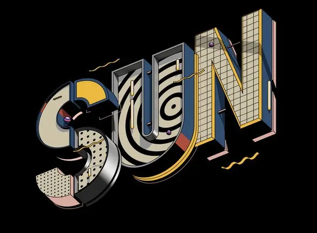 3D illustrated 'SUN' typography with op-art concentric rings and grid faces