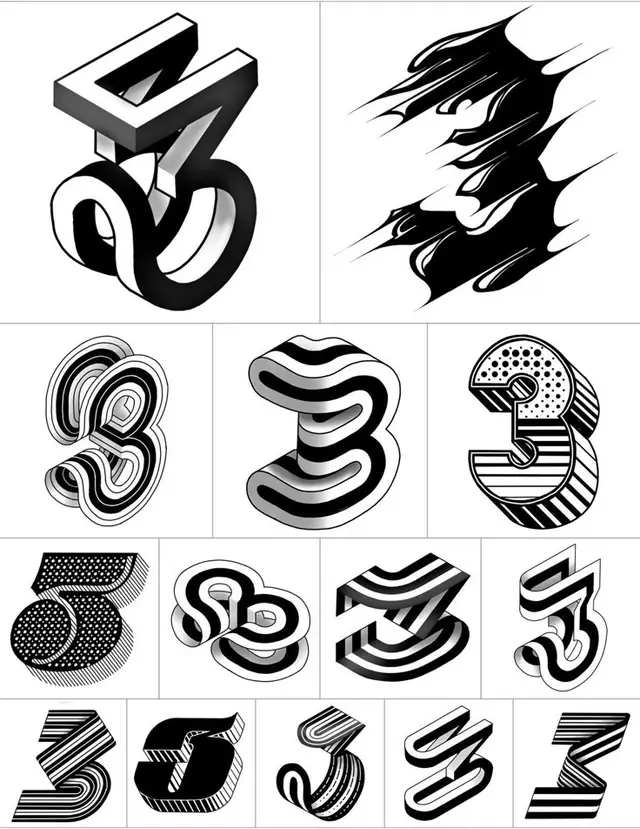 Black-and-white typographic study of the numeral 3 — 3D extrusions, stripes and halftone
