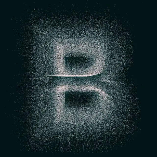 Generative particle typography: capital B in teal point cloud