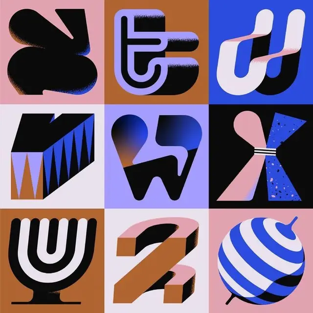 3x3 grid of abstract typographic glyphs and icons — blue, pink, black palette