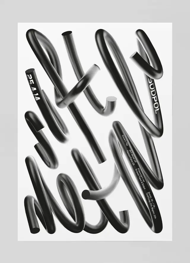 Monochrome 3D Poster — Glossy Curled Tubes with Typographic Labels