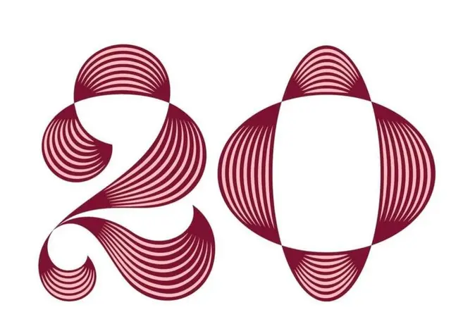 Maroon striped ornamental '20' numerals — decorative typographic illustration
