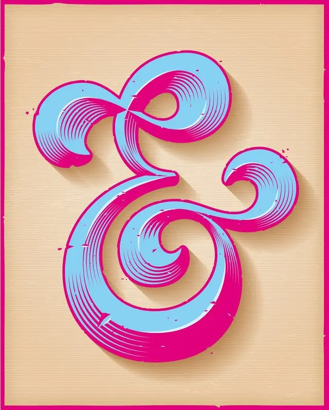 Magenta and cyan ornamental ampersand on textured beige paper