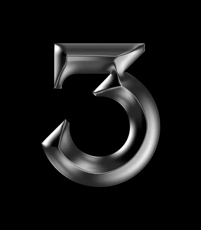 Chrome 3 — Glossy 3D Numeral on Black Background