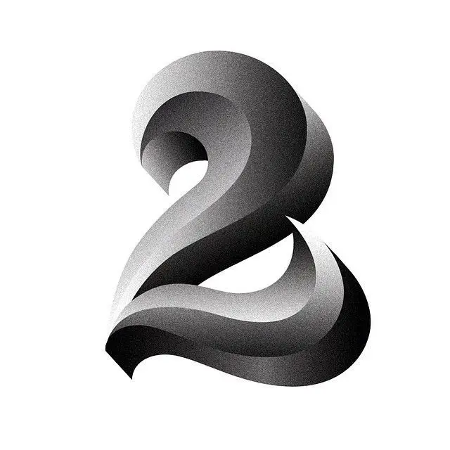 Monochrome 3D Ribbon Typography — Numeral 2 with Halftone Shading