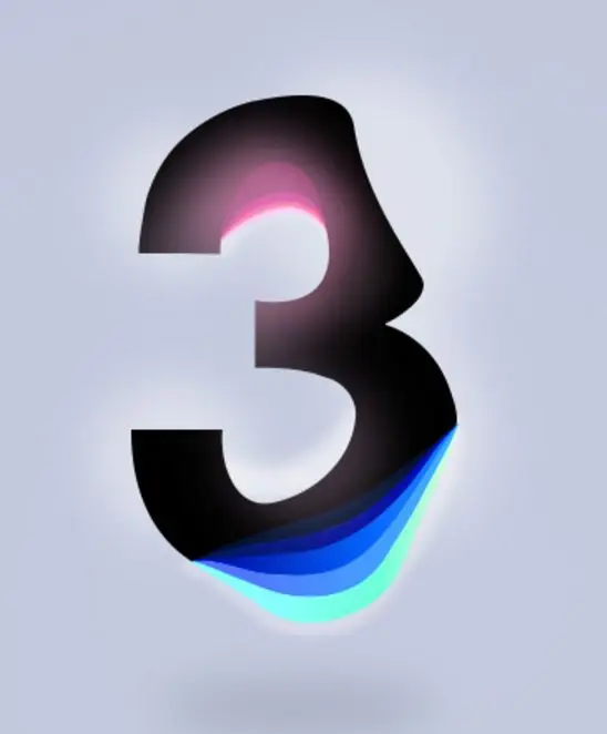 Bold black numeral 3 with layered cyan-blue peel and pink inner glow