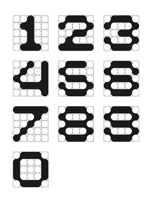 Modular rounded numerals on circular grid — digits 1–0 type specimen