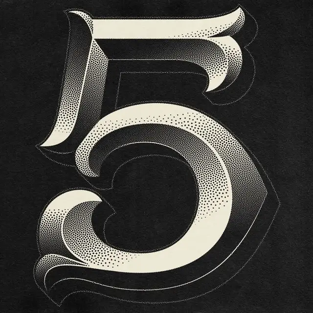 Ornate vintage numeral 5 with stippled halftone shading