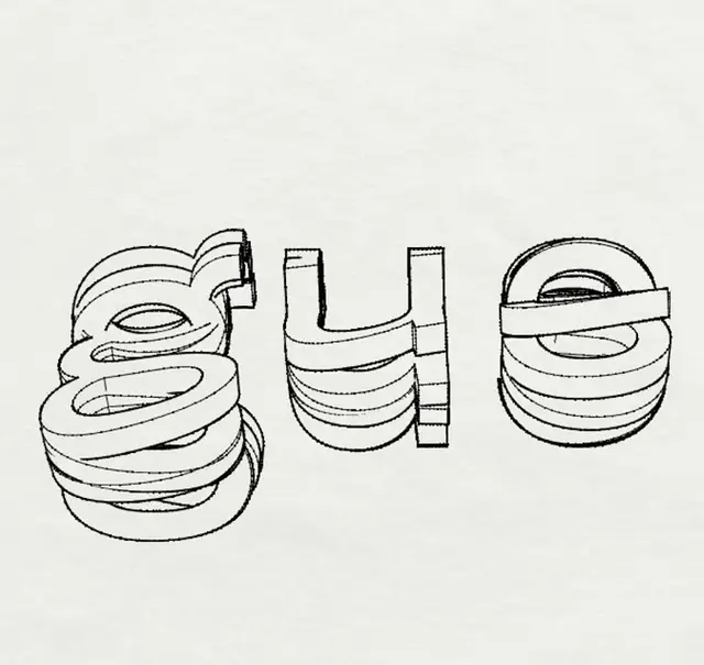 Hand-drawn ribbon 3D lowercase letterforms (g, u, o)