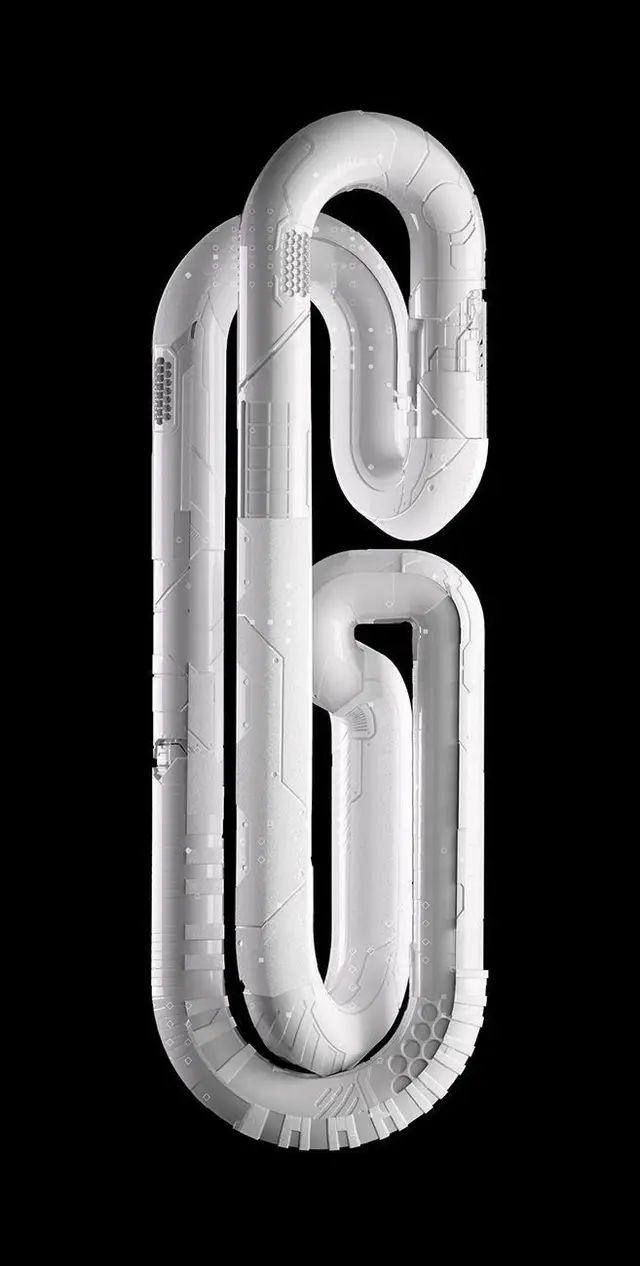 Monochrome Futuristic Tubular Loop — 3D sci‑fi paperclip form