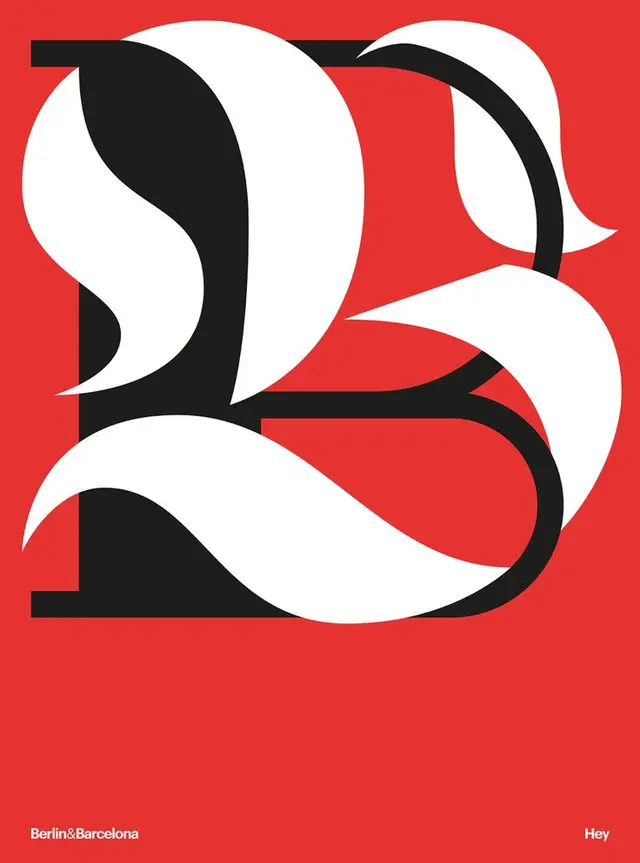 Bold typographic poster: stylized 'B' in black & white on red