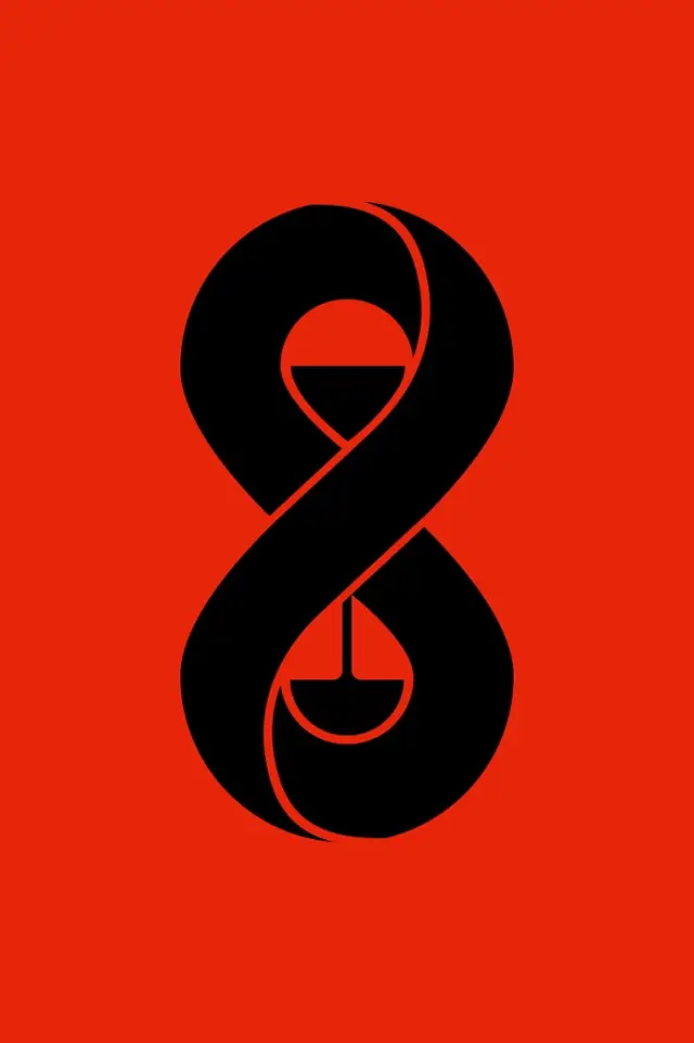 Negative-space figure‑8 logo forming mirrored wine glasses on red