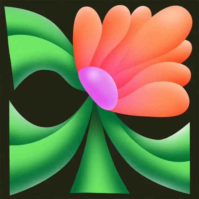 Coral fan-petal flower with ribbon green leaves (digital vector)