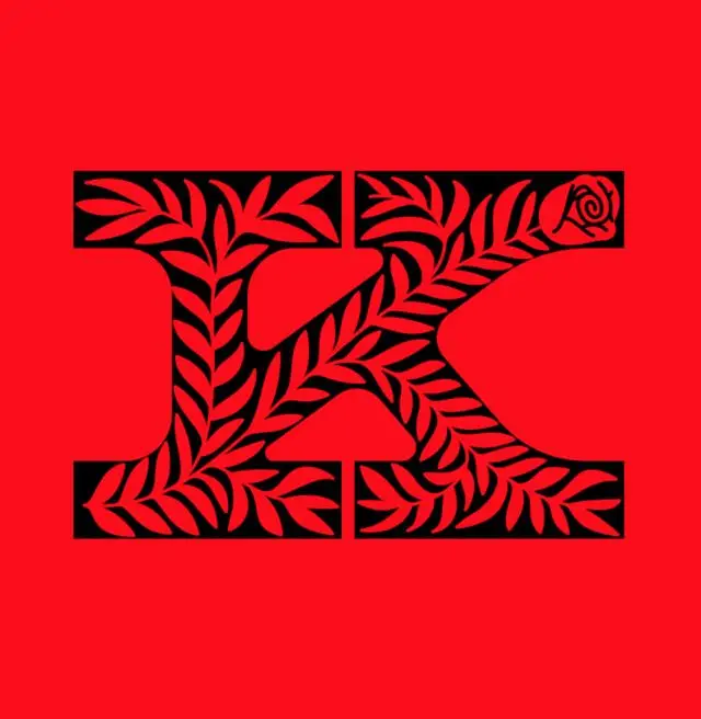 Bold slab‑serif capital K with laurel leaf cutout and rose emblem on red field