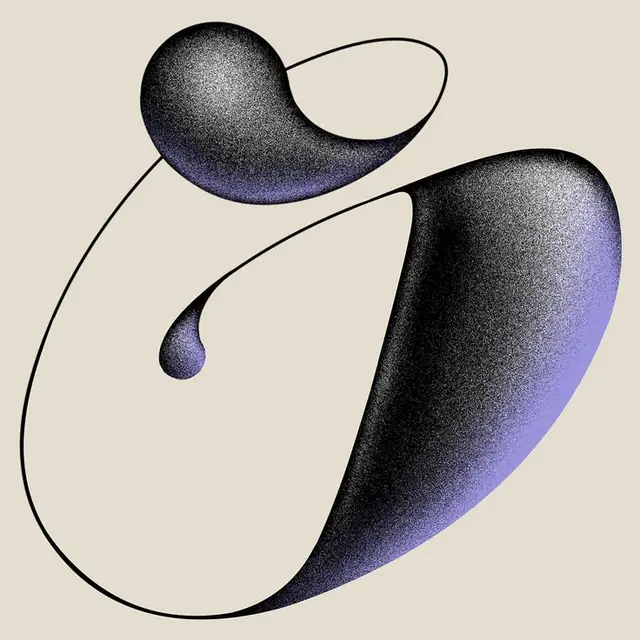Stippled calligraphic glyph with violet gradient