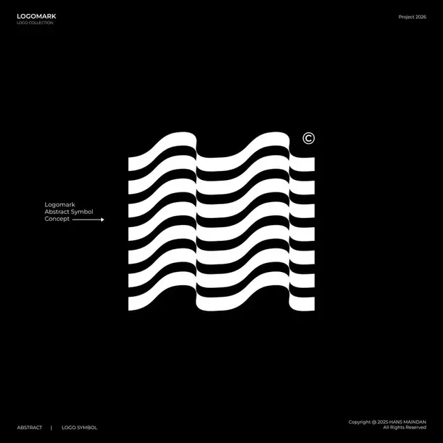Monochrome Wavy Stripe Logomark on Black Grid