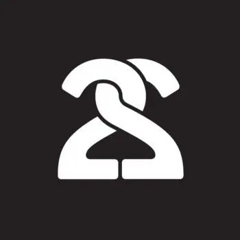 Minimalist white hanger-and-number-2 logo on black square