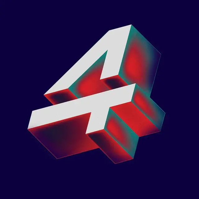 Neon-Edged 3D Numeral '4' — White Face with Red and Teal Rim Lighting