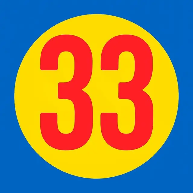 Bold red "33" on yellow circular badge with blue background