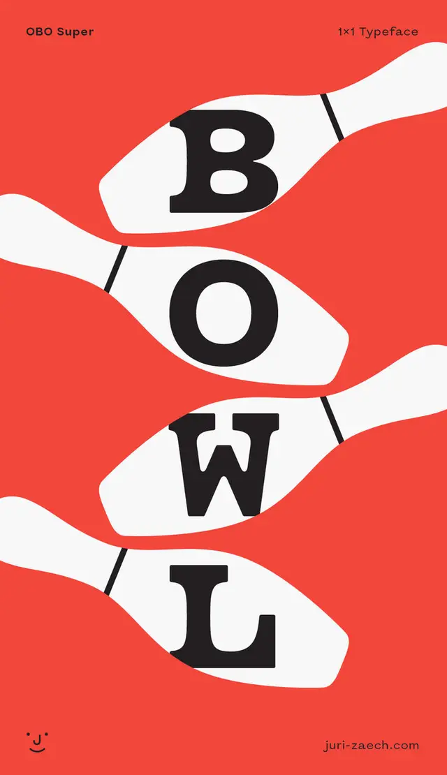 BOWL typographic poster with bowling-pin letterforms — juri-zaech.com