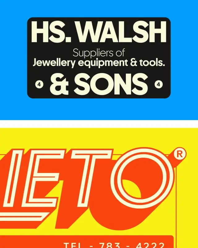 Vintage HS. WALSH & SONS signage above LETO product advertisement (blue and yellow poster)