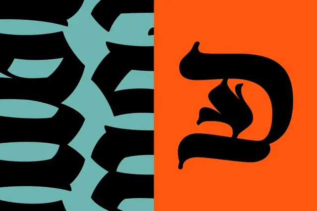 Split-panel graphic: black ornamental letterform on orange and repeating teal glyphs