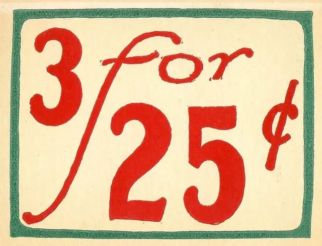Vintage hand-lettered retail sign — "3 for 25¢" red numerals with green border