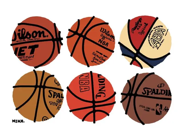 Six stylized basketballs with brand and league marks (Wilson, Spalding, NBA, ABA)