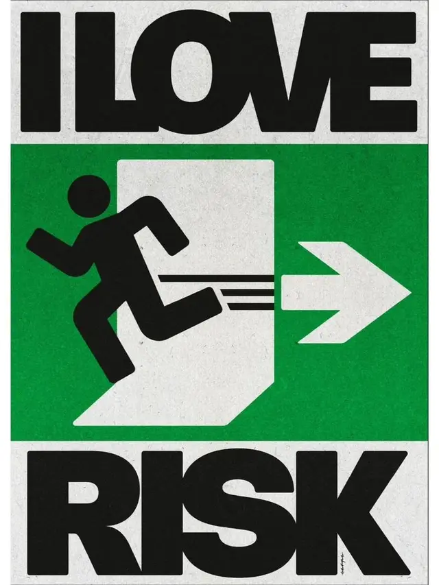 I LOVE RISK — Poster with emergency-exit pictogram and bold typography