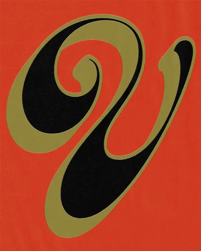 Ornate lowercase 'y' poster — olive outline on red‑orange field
