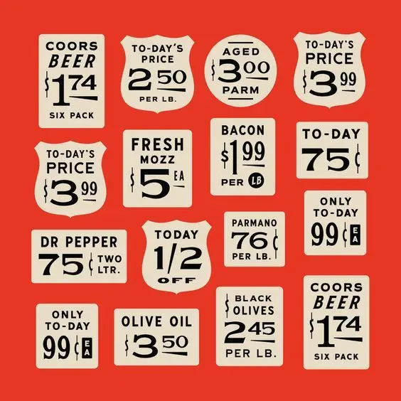 Vintage grocery price tag collage — Coors Beer, Dr Pepper, Fresh Mozz, bacon, olive oil