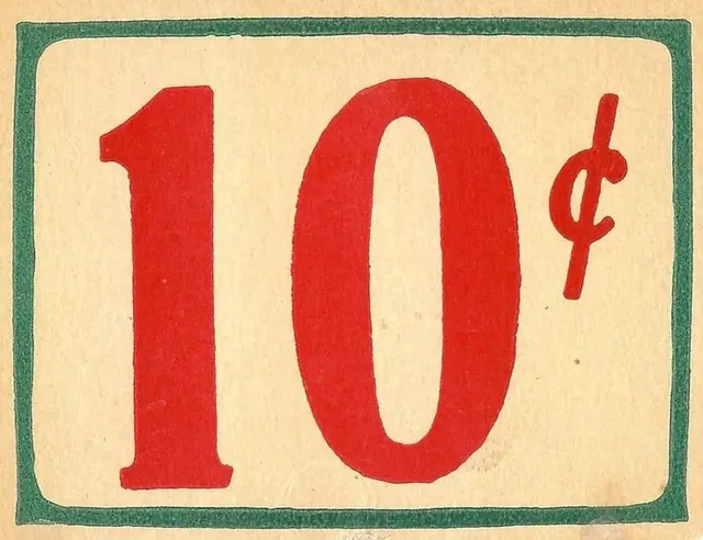 Vintage 10¢ price sign — red numerals on cream cardstock with green border