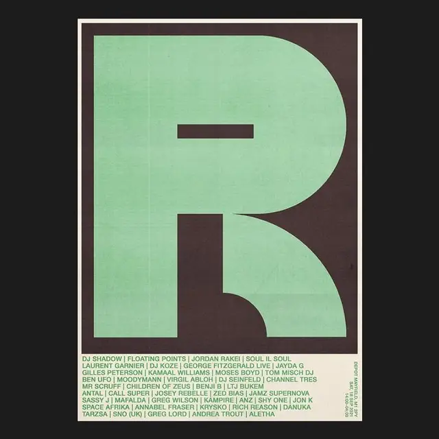 Square poster with oversized mint letter R and artist lineup
