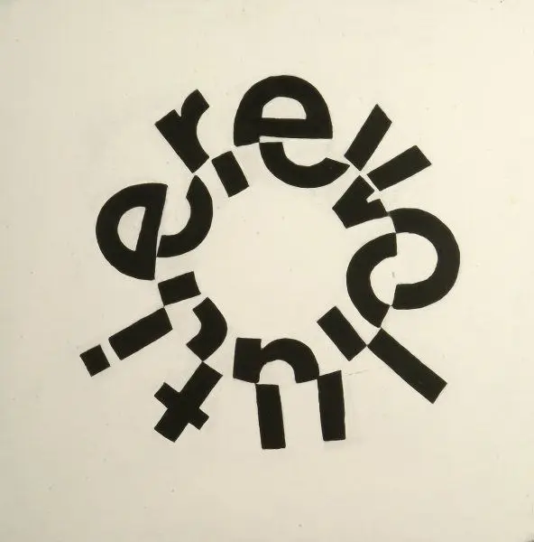 Circular typographic collage — black letterforms on cream paper