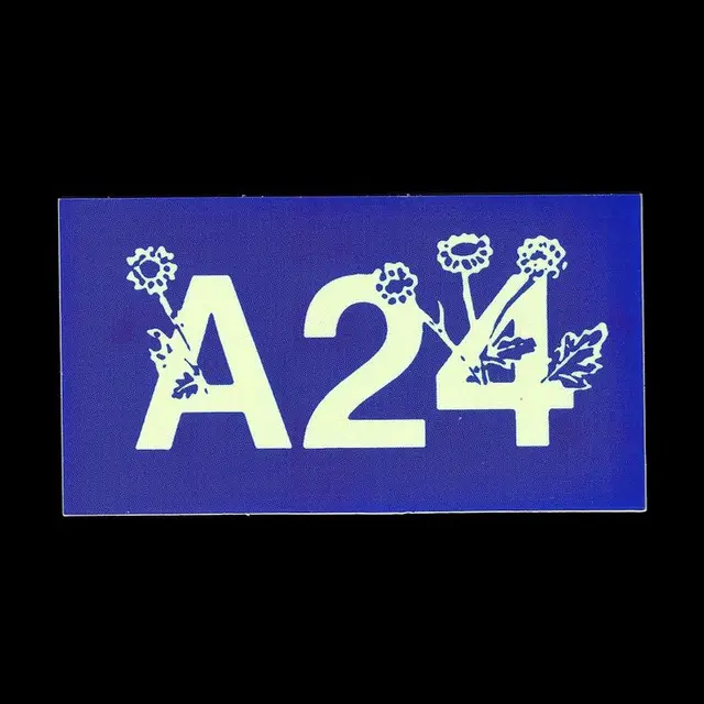 A24 wordmark with floral motif on cobalt-blue plaque