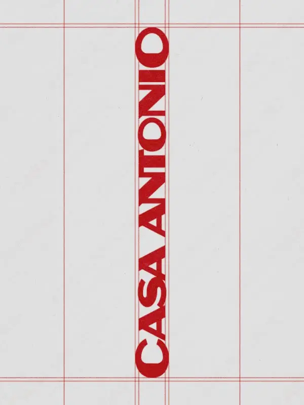 Vertical red "CASANTONIO" typographic poster on grid