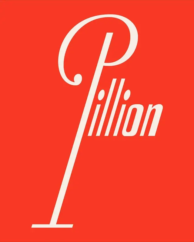 Pillion wordmark on coral-red poster