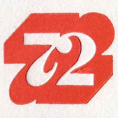 Red negative-space '72' logo printed on textured paper